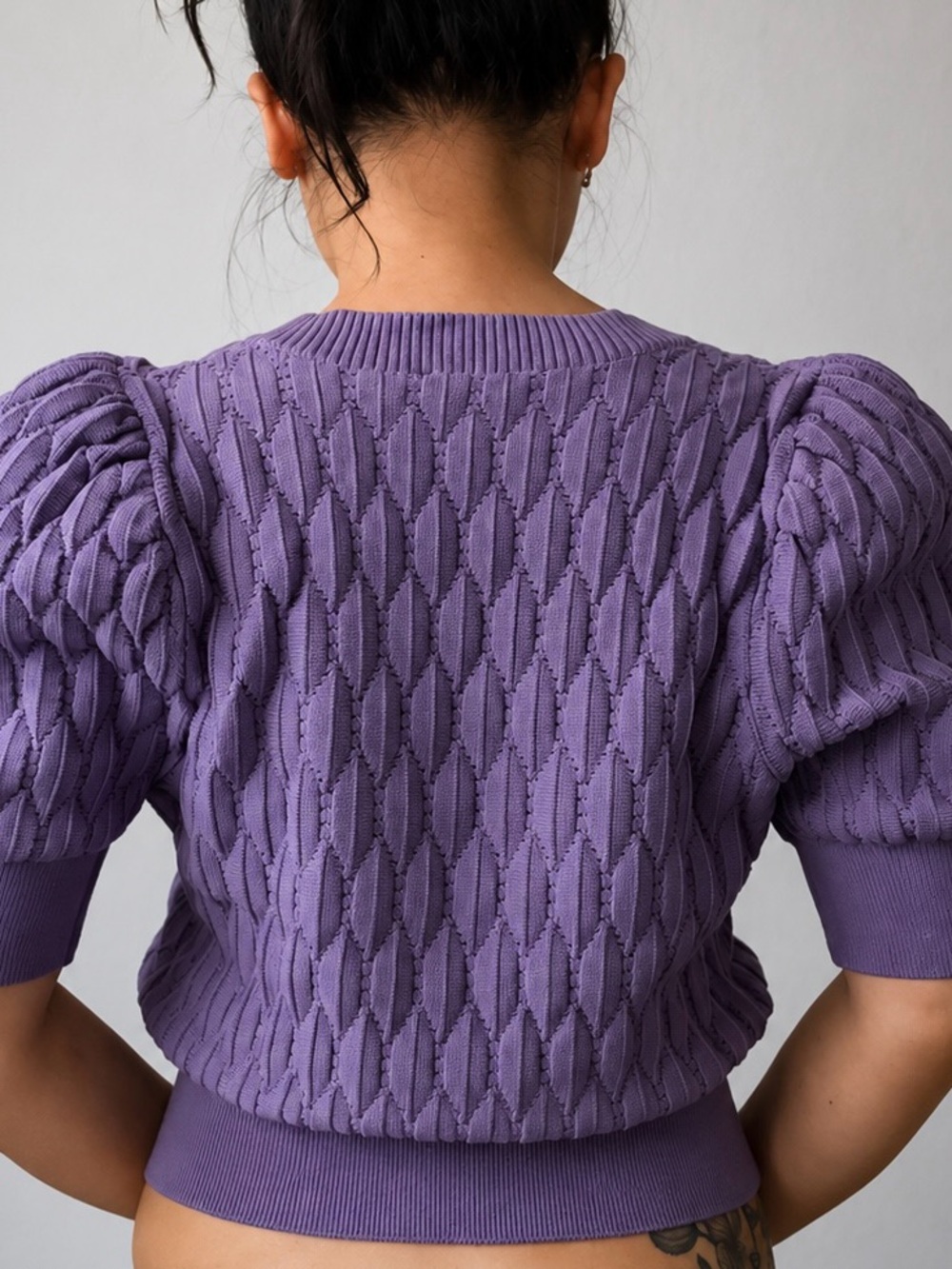 Express Purple Cable-Knit Square Neck Button-Front Cardigan - Picture 3 of 4